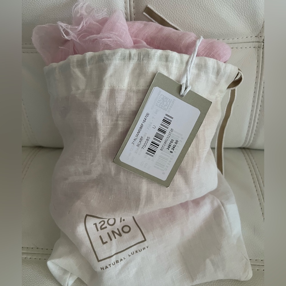 NWT $240.00 120% Lino Made Italy Pink Scarf Wrap Natural Luxury